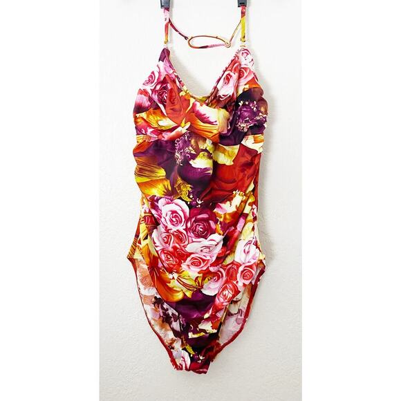 Newport News Swim Women's One Piece Shirred Orange Red Pink Rose Print Wired NWT - Picture 1 of 10